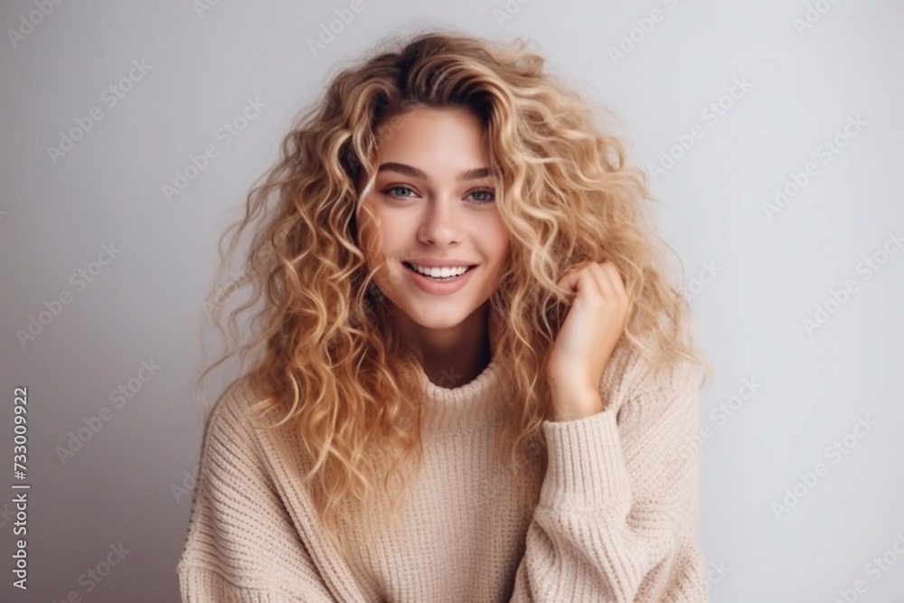 beautiful curly long-haired blonde in a knitted long beige sweater happily posing in the studio beautiful curly long-haired blonde in a knitted long beige sweater happily posing in the studio