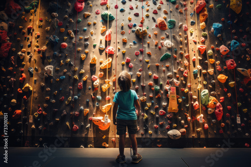 young girl trains on a climbing wall in the gym