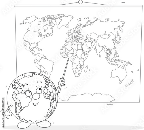 Funny cartoony globe pointing to countries on a political World map and talking about them for schoolchildren at a geographical lesson in a school class, black and white outline vector illustration