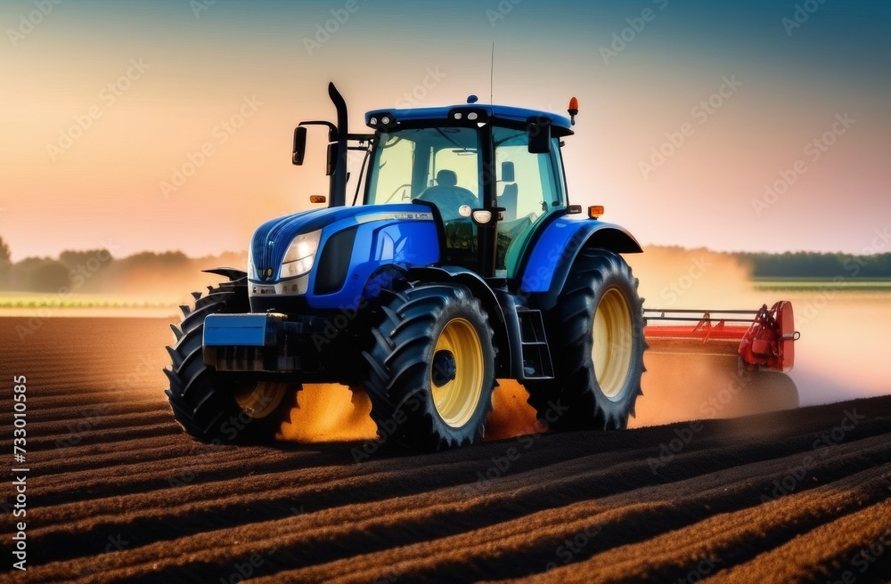 Blue tractor plowing cereal field with sky with clouds. Farmer cultivating,make soil tillage before seeding plants,crops,nature countryside rural scene. Blue tractor plowing cereal field with sky with clouds. Farmer cultivating,make soil tillage before seeding plants,crops,nature countryside rural scene.