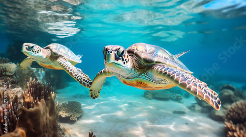 Sea turtles gliding through the water.