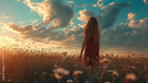 Eine junge Frau stet auf einem Feld und blickt in den Himmel