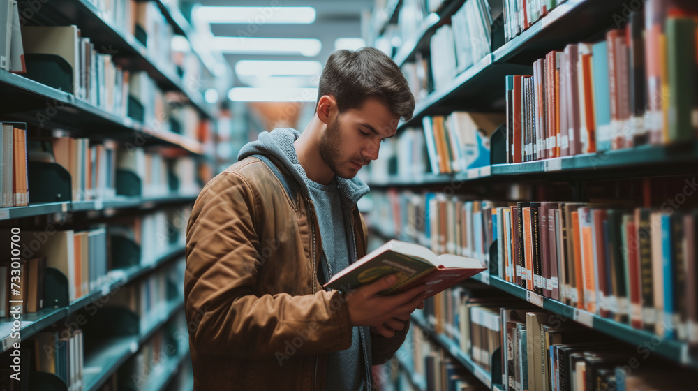 Ein junger Mann steht in einer Bibliothek und liest ein Buch Ein junger Mann steht in einer Bibliothek und liest ein Buch