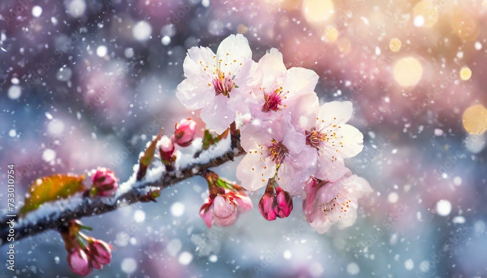 Cherry Blossom Blooming through the Last days of Winter - Announcement of Spring - Frozen or Snowed on Sakura Flowers Cherry Blossom Blooming through the Last days of Winter - Announcement of Spring - Frozen or Snowed on Sakura Flowers