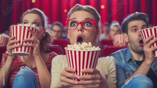 Eine Frau mit roter Brille ist überrascht im Kino und schaut einen Film Sie hält dabei eine Packung Popcorn in der Hand 