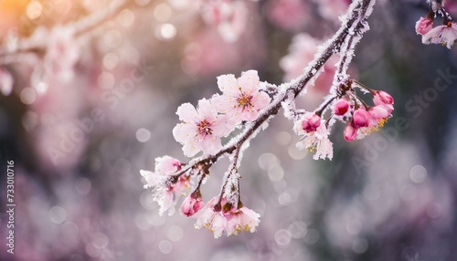 Cherry Blossom Blooming through the Last days of Winter - Announcement of Spring - Frozen or Snowed on Sakura Flowers