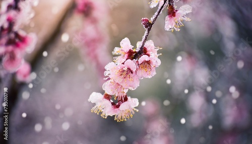 Cherry Blossom Blooming through the Last days of Winter - Announcement of Spring - Frozen or Snowed on Sakura Flowers © Eggy