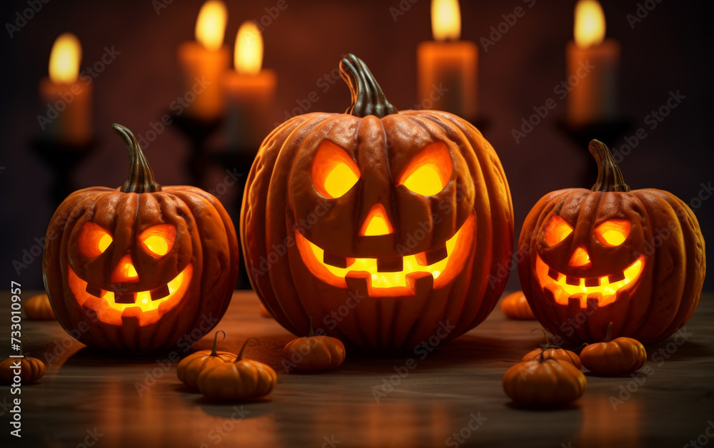 Fototapeta premium Candlelit Pumpkins: A Trio of Terror - Halloween Jack-o'-Lantern