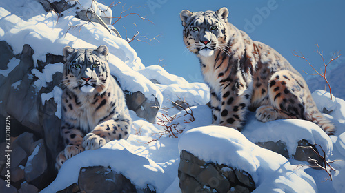 Snow leopards in a snowy landscape.