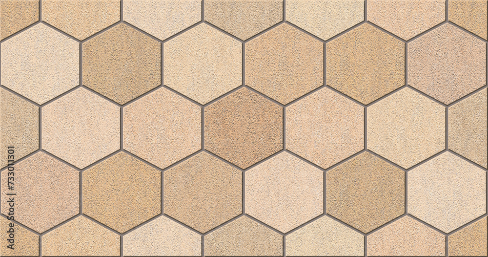 hexagon ceramic tile high lighter design, interior wall decor, beige brown sand stone carving, bathroom and kitchen wall cladding, paving tiles, digital printing
