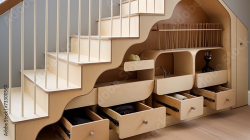 Birch plywood hidden storage compartments under staircase