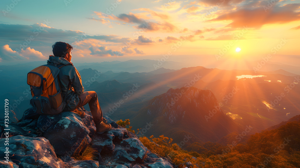 A man with a backpack sits on a mountain peak and watches the sun rise above the clouds.