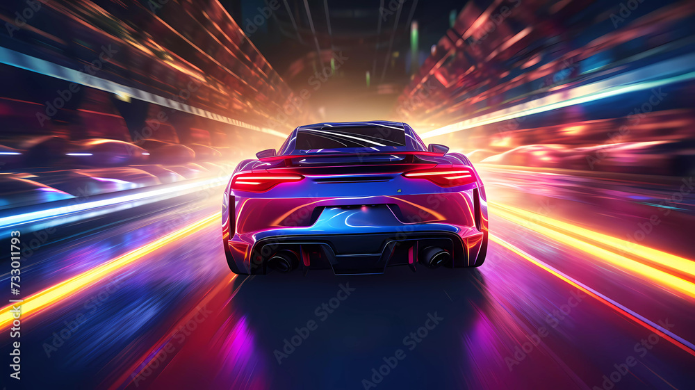 Futuristic supercar moving on high way in a night city, with neon lights.