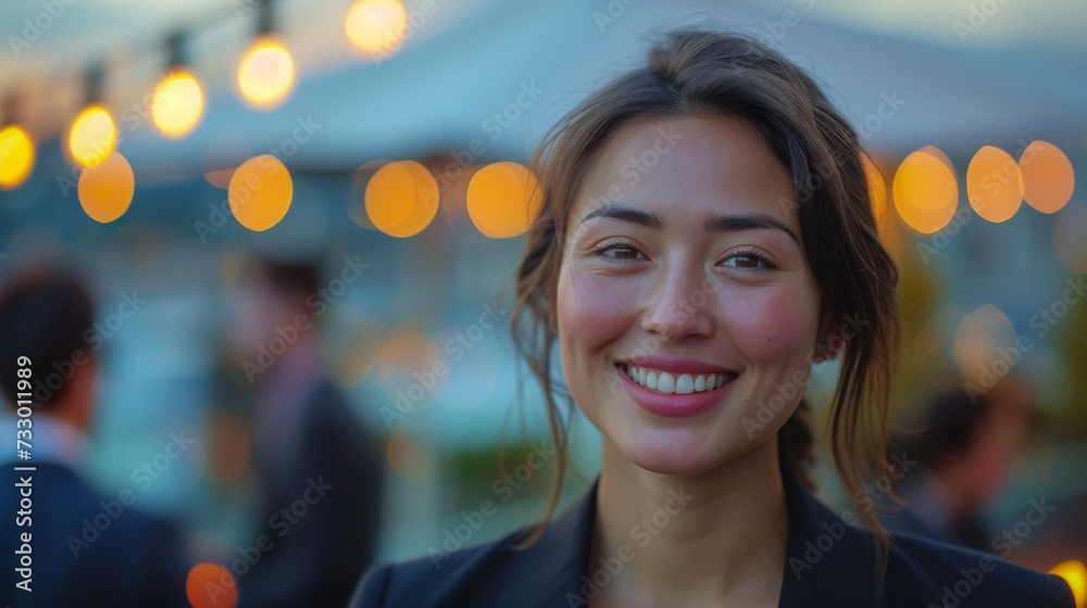 Obraz premium confident businesswoman with a smile at a social event on a rooftop terrace