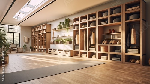 A yoga studio with built-in storage for mats and accessories