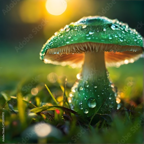 Wallpaper Mural  Green mushroom with a sunrise in the background, dew drops on the cap, sunlight and grass. Torontodigital.ca