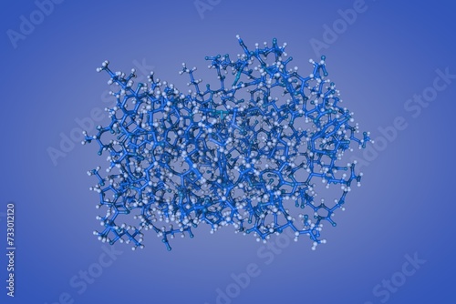 Structure of human sonic hedgehog in complex with zinc and magnesium on blue background. Molecular model based on protein data bank entry 6pjv. 3d illustration