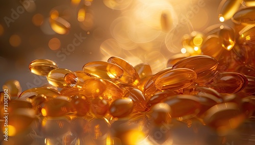 Omega-3 gel capsules derived from fish oil, often consumed for their heart-healthy properties and support for cognitive function.
