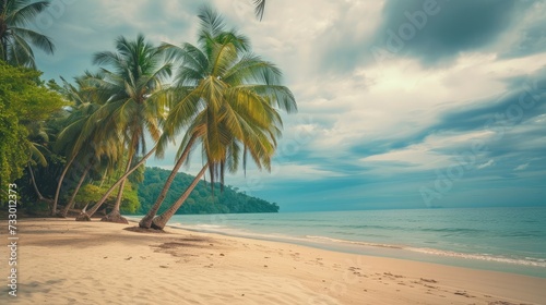 Beautiful beach with palm trees and moody sky. Summer vacation travel holiday background concept.