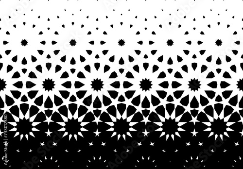 Geometric pattern of black figures on a white background. Arabic ornament.Option with a SHORT fade out. SCALE method