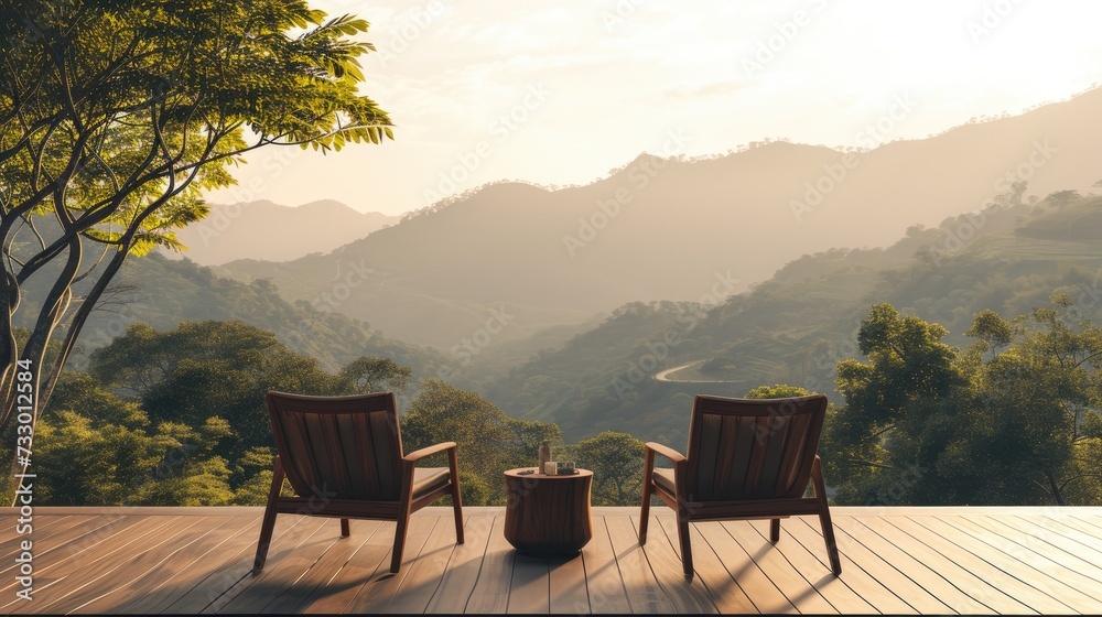 Serene morning scene with chairs arranged strategically to enjoy the breathtaking mountain panorama.
