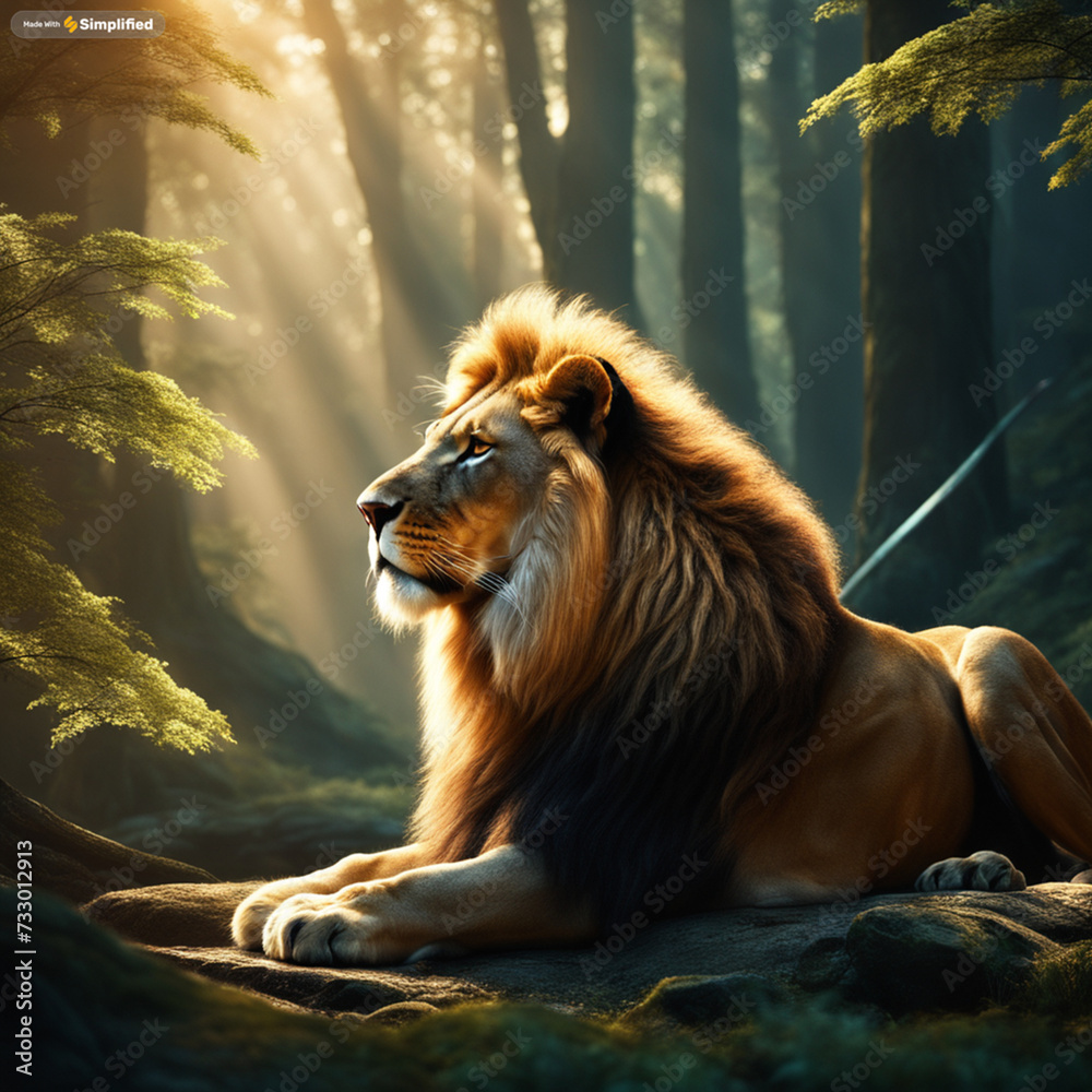 Fototapeta premium The king of lion In A Fantasy Forest