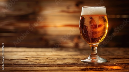 Glass beer on wood background with copyspace