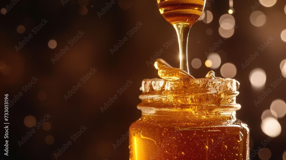 Honey drip in jar on the table - obrazy, fototapety, plakaty 