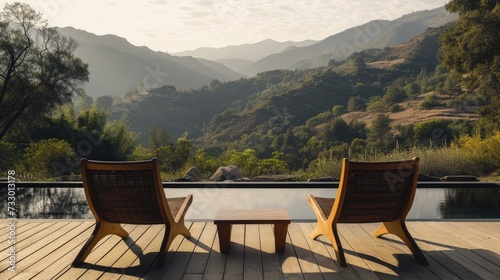 Chairs lined up gracefully, inviting spectators to savor the tranquil morning atmosphere against a majestic mountain backdrop.