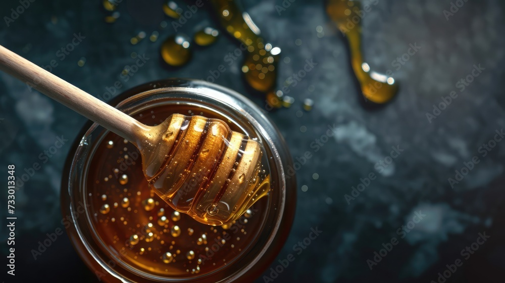 Honey in jar with honey dipper on black stone background - obrazy, fototapety, plakaty 