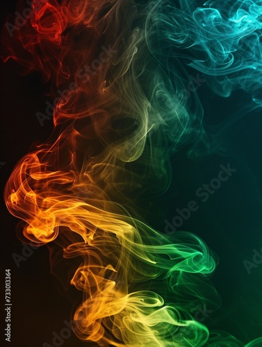 Multicolored smoke on a dark background, with hues of red, green, and brown.