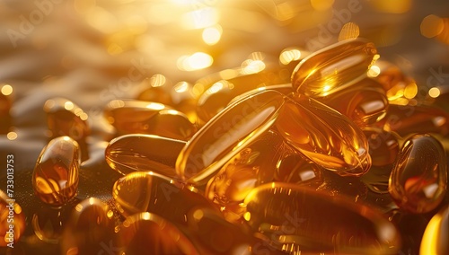 Omega-3 gel capsules derived from fish oil, often consumed for their heart-healthy properties and support for cognitive function. photo