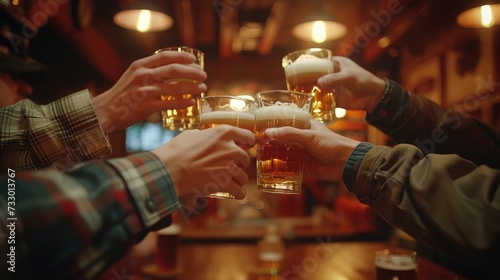 people, men, leisure, friendship and celebration concept - happy male friends drinking beer and clinking glasses at bar or pub photo