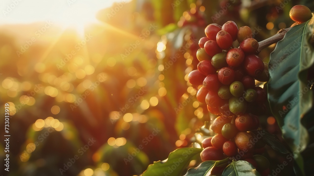 Raw arabica coffee beans in coffee plantation - obrazy, fototapety, plakaty 