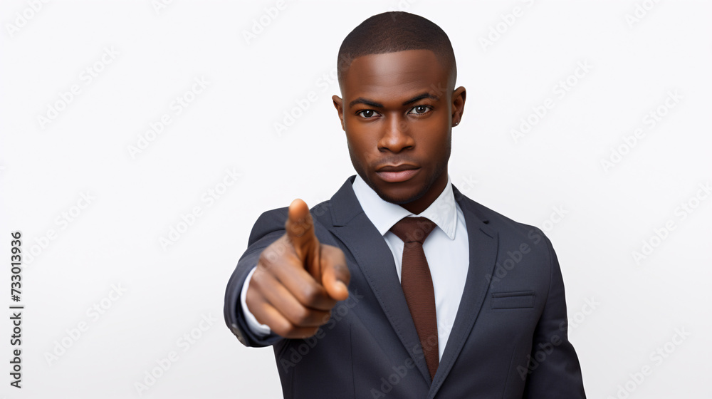 Serious young African man in suit pointing at camera while standing against white background Serious young African man in suit pointing at camera while standing against white background