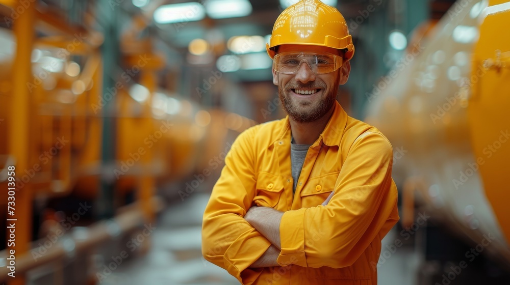 portrait of an engineer wearing construcion suit standing on a yellow background portrait of an engineer wearing construcion suit standing on a yellow background