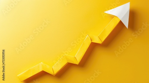Right-up arrow cutted from solid sheet of yellow paper and curved up of one side with white paper underlay showing growth of stock market or up direction photo
