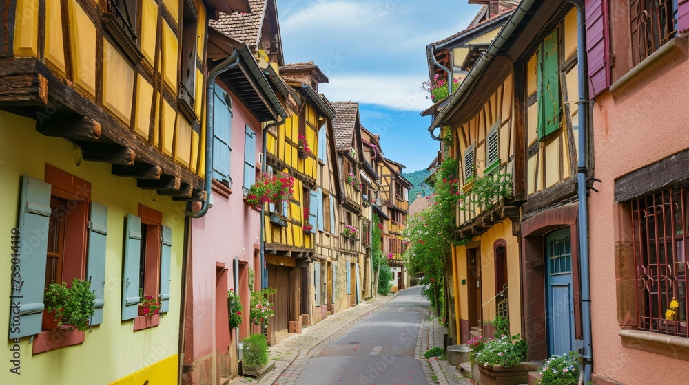Vibrant historic half-timbered homes in a picturesque French village.