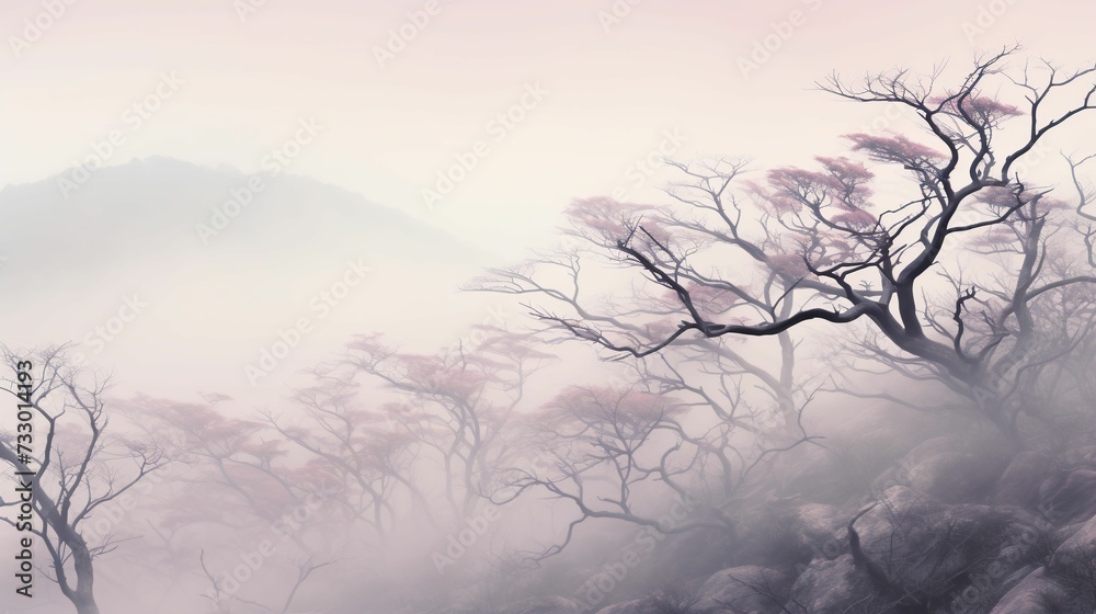 Scenic misty view of trees growing in a rocky landscape, AI-generated