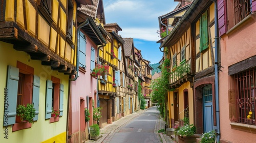 Vibrant historic half-timbered homes in a picturesque French village.