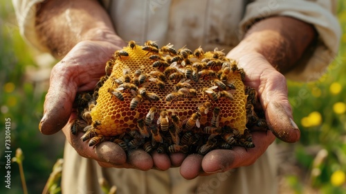 The beekeeper holds a honey cell with bees in his hands. Apiculture. Apiary © buraratn