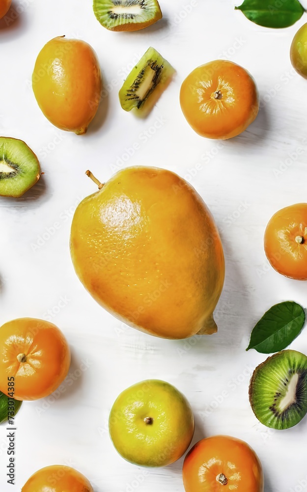 Fresh fruits mango, tangerines kiwi on a white background. Top view, flat lay