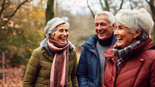 Happy senior couple walking in autumn park. They are laughing and looking at camera. © Argun Stock Photos