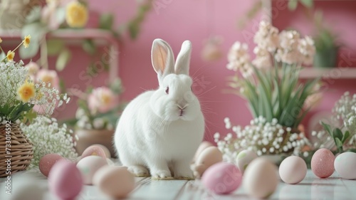 A White Rabbit with Sorbet-Colored Easter Eggs in a Springtime Setting