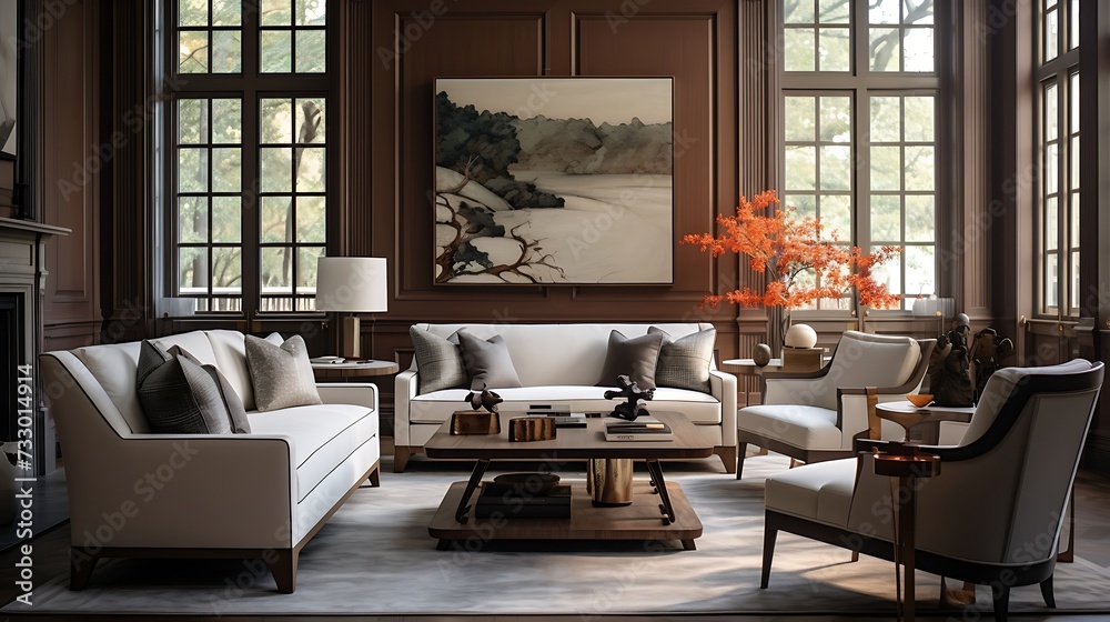 A transitional-style living room blending classic and modern furniture pieces