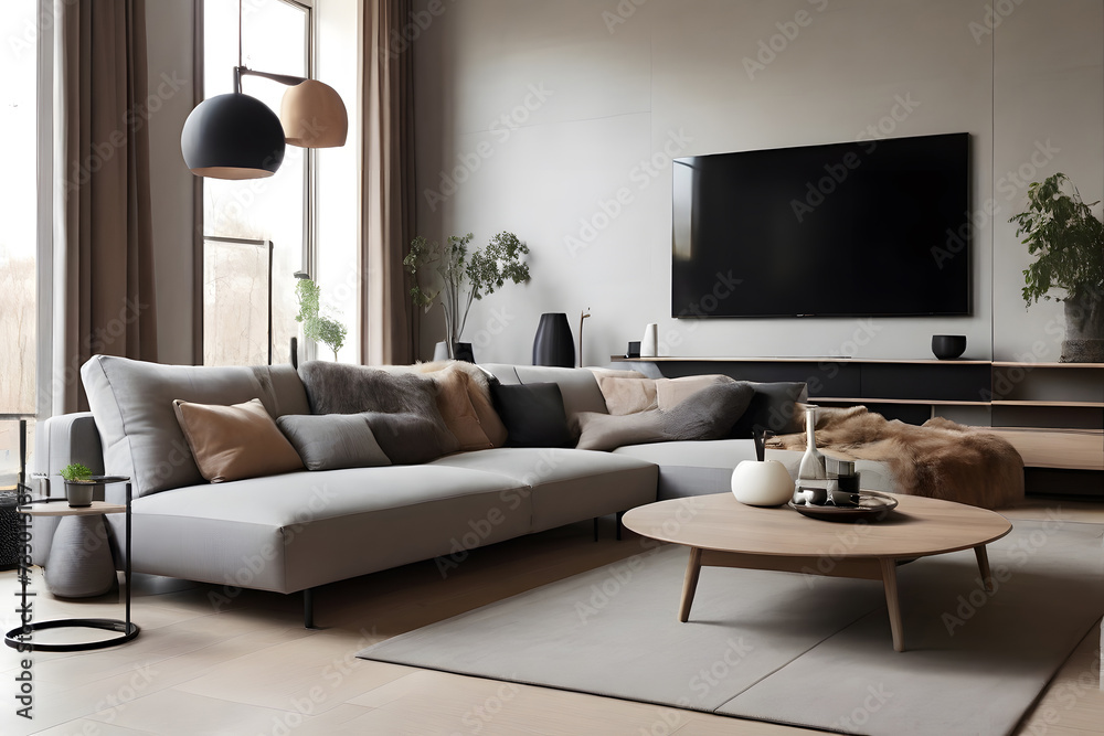 Fototapeta premium Big tv in modern living room in scandinavian style