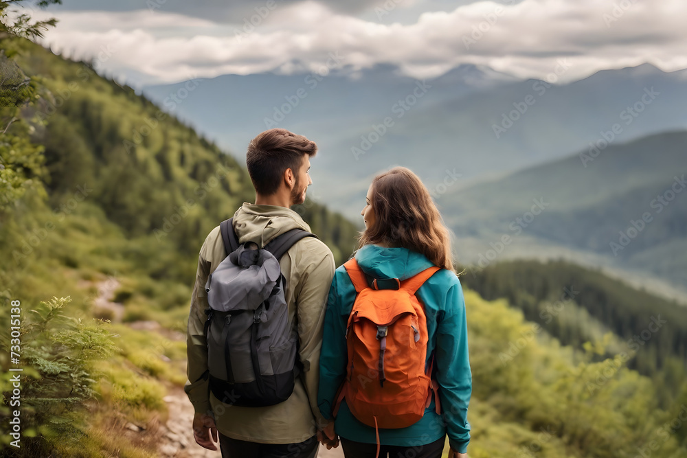 Back view of young couple hiking in mountains