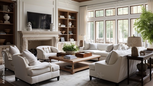 A transitional-style living room blending classic and modern furniture pieces © Wardx