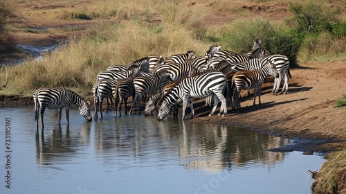 Group of Zebra quenching their thirst at camp watering spot.