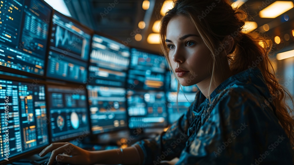 Female developer in a dark control room surrounded by large screens coding and analyzing data to create AI software. Female developer in a dark control room surrounded by large screens coding and analyzing data to create AI software.